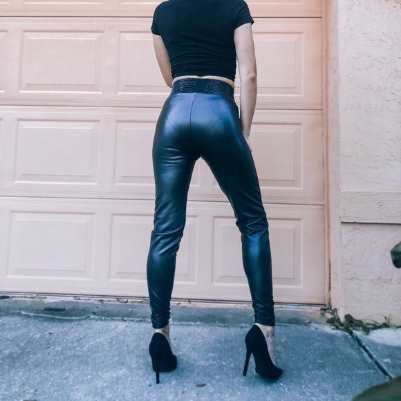 New High Rise Eco Leather Leggings,Turkish Leather Pants, Rhinestone Leggings - Picture 8 of 10